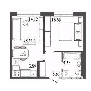 2-к квартира, вторичка, 41м2, 6/17 этаж