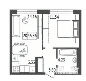 2-к квартира, вторичка, 37м2, 7/17 этаж