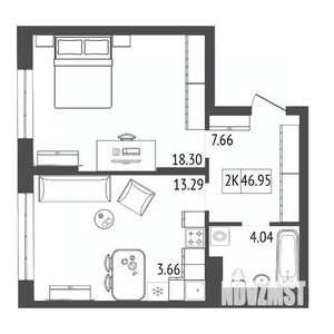 2-к квартира, строящийся дом, 47м2, 16/17 этаж