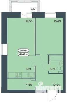 2-к квартира, строящийся дом, 61м2, 1/9 этаж