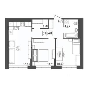 3-к квартира, строящийся дом, 55м2, 12/17 этаж