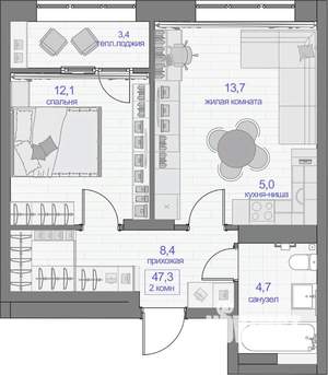 2-к квартира, вторичка, 47м2, 13/24 этаж