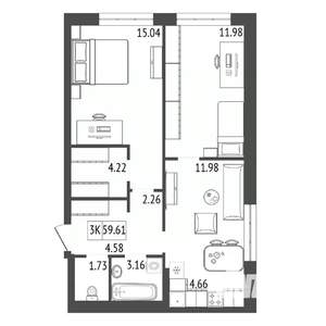 3-к квартира, вторичка, 60м2, 7/17 этаж