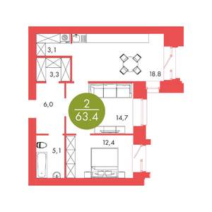 2-к квартира, строящийся дом, 63м2, 4/17 этаж