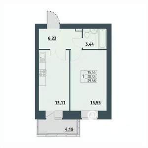1-к квартира, строящийся дом, 40м2, 9/9 этаж