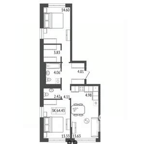 3-к квартира, строящийся дом, 65м2, 4/17 этаж
