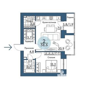 2-к квартира, строящийся дом, 59м2, 10/17 этаж