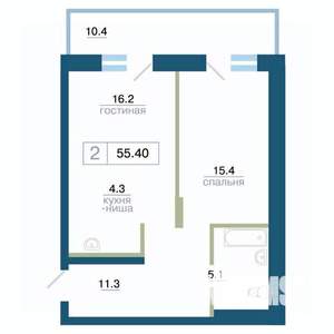 2-к квартира, строящийся дом, 55м2, 22/24 этаж