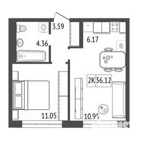 2-к квартира, строящийся дом, 36м2, 4/17 этаж