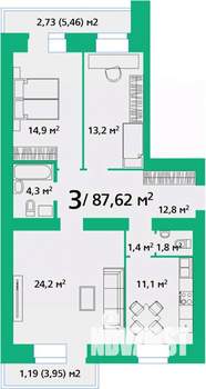 3-к квартира, строящийся дом, 88м2, 2/9 этаж