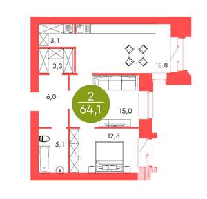 2-к квартира, строящийся дом, 64м2, 16/17 этаж