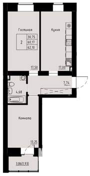 2-к квартира, строящийся дом, 62м2, 2/8 этаж