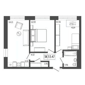 3-к квартира, строящийся дом, 53м2, 14/17 этаж