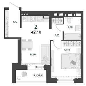 2-к квартира, строящийся дом, 42м2, 22/23 этаж