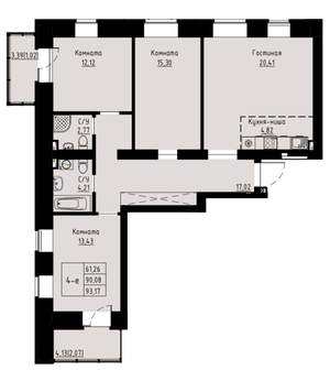 4-к квартира, строящийся дом, 93м2, 7/8 этаж