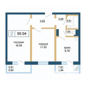 2-к квартира, строящийся дом, 50м2, 11/17 этаж