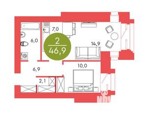 2-к квартира, строящийся дом, 47м2, 17/17 этаж
