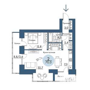 2-к квартира, строящийся дом, 70м2, 16/17 этаж