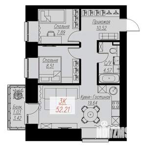 2-к квартира, строящийся дом, 52м2, 4/17 этаж