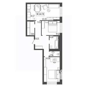 3-к квартира, вторичка, 65м2, 7/17 этаж
