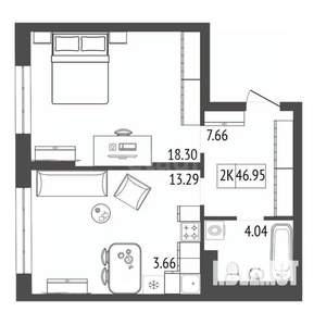 2-к квартира, вторичка, 47м2, 14/17 этаж