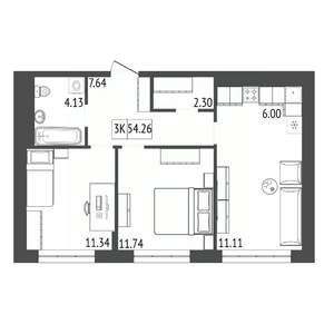 3-к квартира, строящийся дом, 54м2, 2/17 этаж