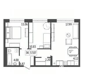 3-к квартира, строящийся дом, 57м2, 10/17 этаж