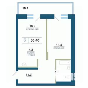 2-к квартира, строящийся дом, 55м2, 22/24 этаж