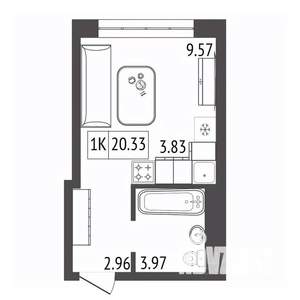 1-к квартира, строящийся дом, 20м2, 12/17 этаж