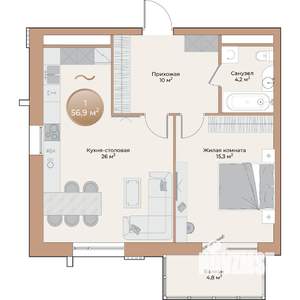 1-к квартира, строящийся дом, 57м2, 2/24 этаж
