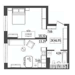 2-к квартира, вторичка, 47м2, 13/17 этаж