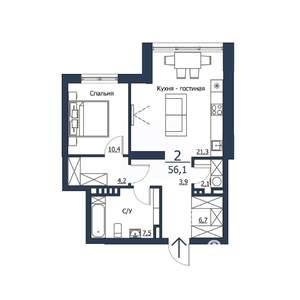 2-к квартира, строящийся дом, 56м2, 3/23 этаж