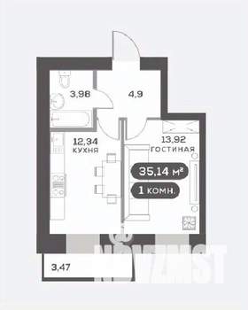 1-к квартира, вторичка, 35м2, 8/15 этаж