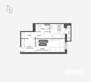 1-к квартира, вторичка, 44м2, 12/17 этаж