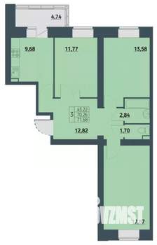 3-к квартира, сданный дом, 72м2, 3/9 этаж
