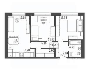 3-к квартира, вторичка, 61м2, 12/17 этаж