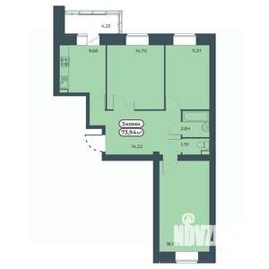 3-к квартира, строящийся дом, 74м2, 1/9 этаж