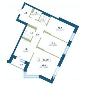 3-к квартира, строящийся дом, 89м2, 4/24 этаж