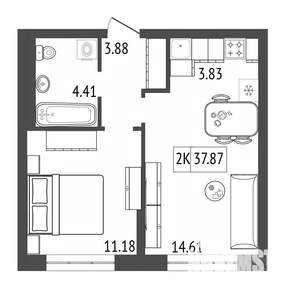 2-к квартира, вторичка, 38м2, 4/17 этаж