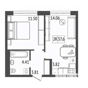2-к квартира, строящийся дом, 38м2, 11/17 этаж