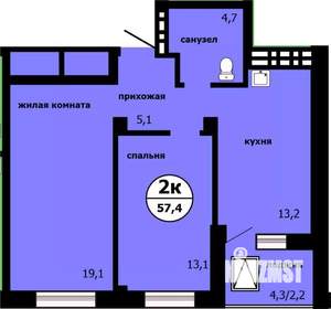 2-к квартира, строящийся дом, 57м2, 8/19 этаж