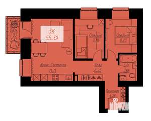 2-к квартира, строящийся дом, 55м2, 14/17 этаж
