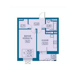 1-к квартира, вторичка, 43м2, 12/20 этаж