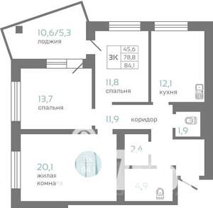3-к квартира, строящийся дом, 84м2, 19/19 этаж