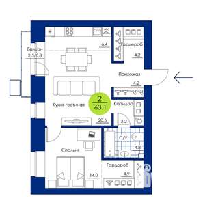 2-к квартира, вторичка, 63м2, 8/17 этаж