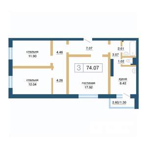 3-к квартира, строящийся дом, 74м2, 13/17 этаж