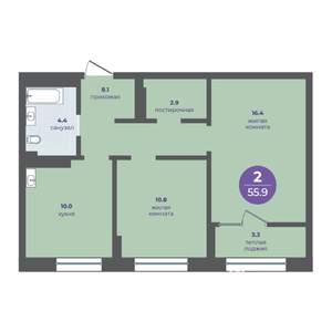 2-к квартира, вторичка, 53м2, 13/15 этаж