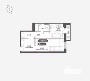 1-к квартира, вторичка, 44м2, 9/17 этаж