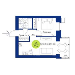 2-к квартира, вторичка, 44м2, 2/17 этаж