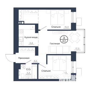 3-к квартира, строящийся дом, 61м2, 4/23 этаж